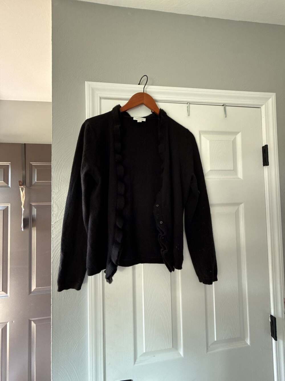 Garnet Hill Black 100% Cashmere Ruffled Edge Cardigan Sweater